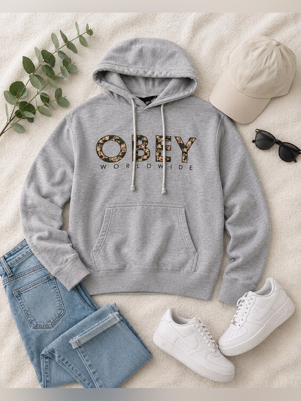 Obey Worldwide Gray Graphic Hoodie Women’s XS Floral Logo Pullover